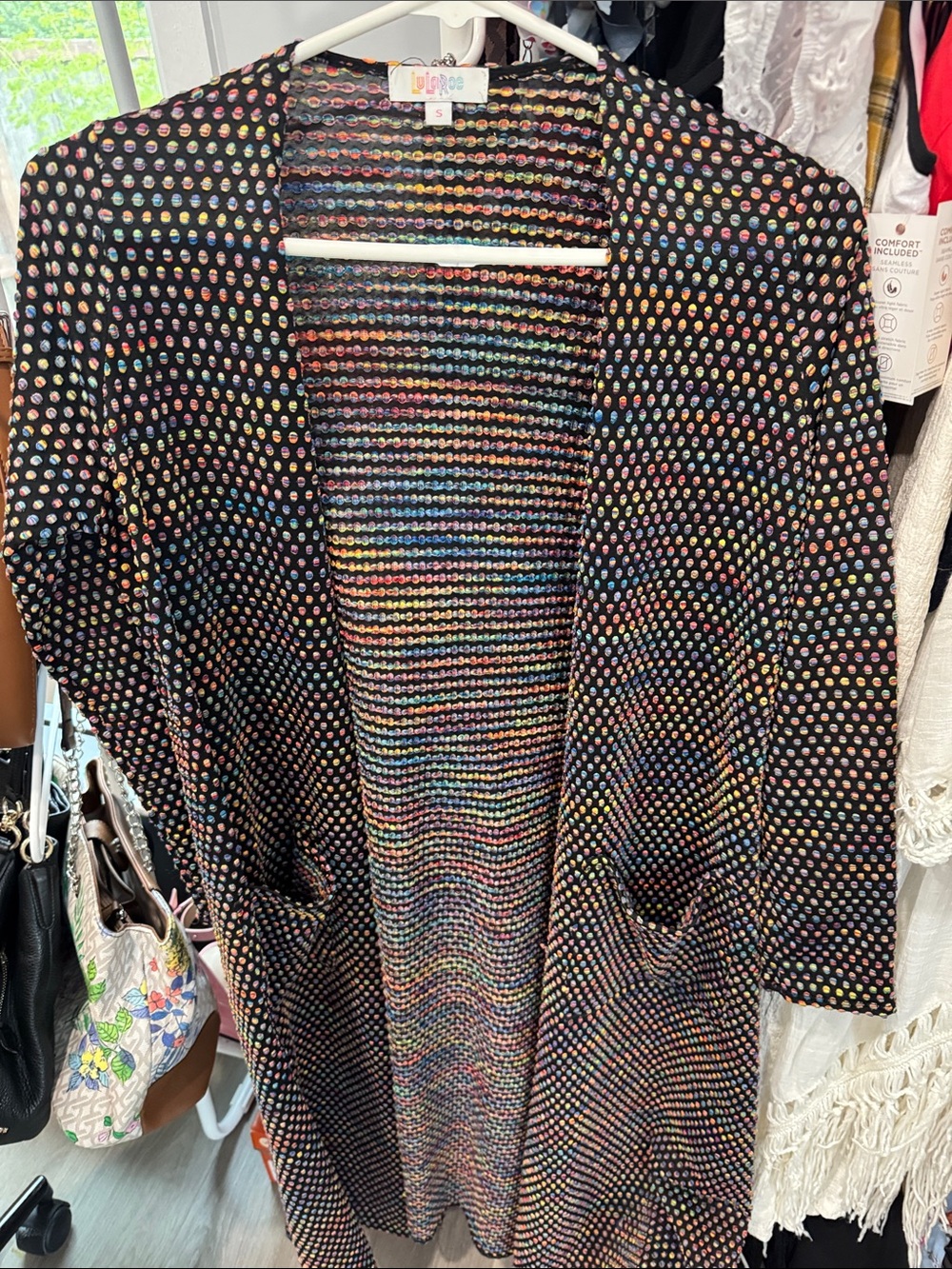 LuLaRoe Black Duster with Rainbow Dot Print